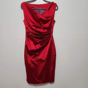 Talbot Runhof Dress Size 10 Draped Red Satin Sleeveless Cocktail Knee Length